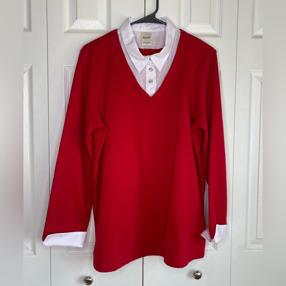 Women's Blair Sweatshirt White Collared Button Fooler Top Red Long Sleeve Sz Med